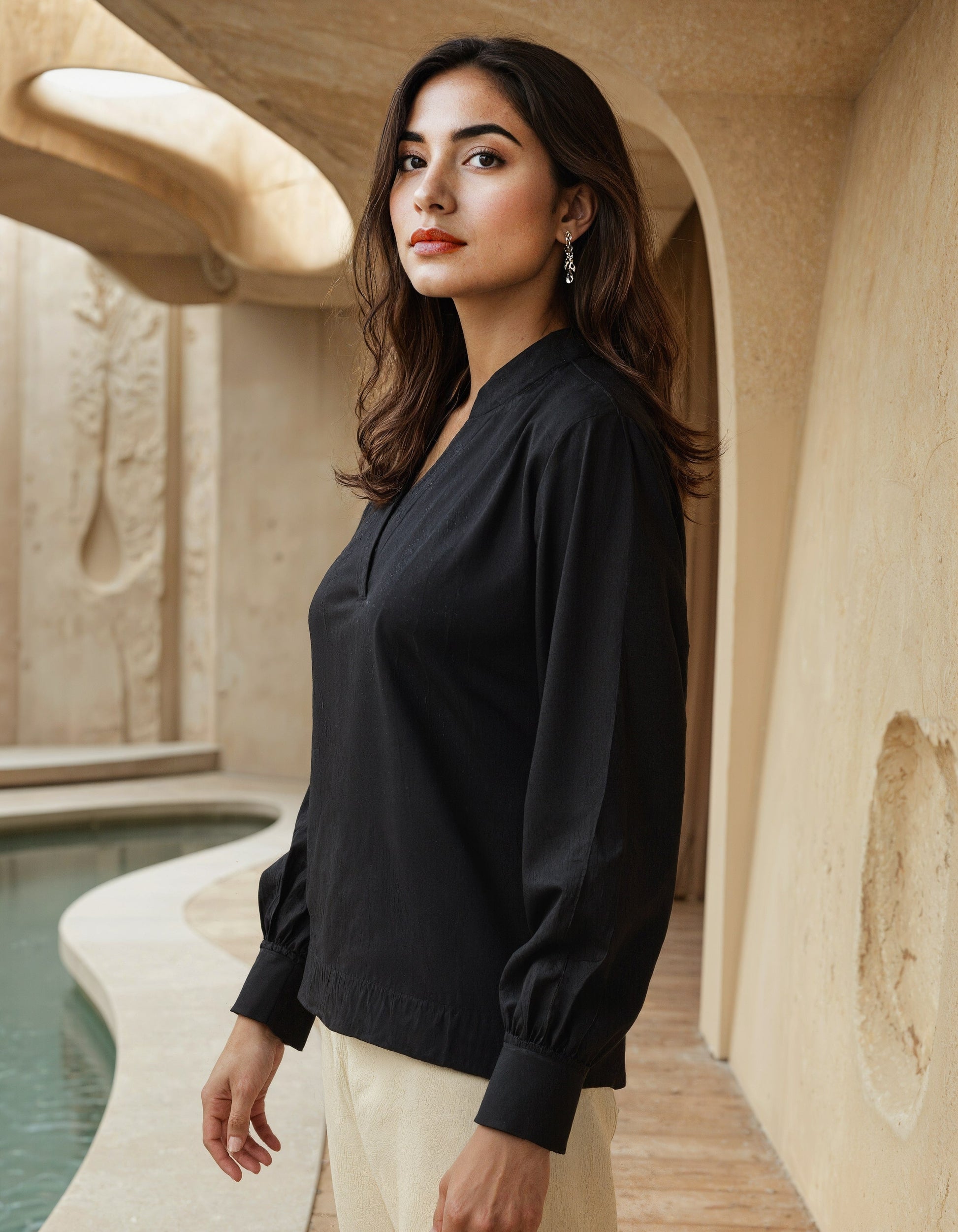 Handwoven Midnight Cotton Balloon Sleeve Top